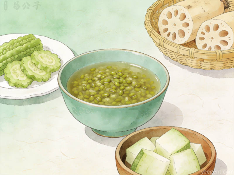 传统食器盛放绿豆莲藕苦瓜等小暑养生食材