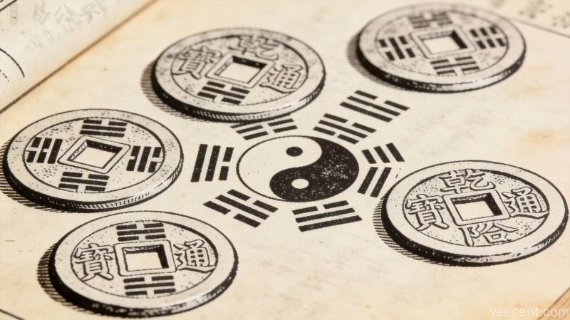 六爻卦象结构与五行六亲关系及体用断卦方法解读示意图