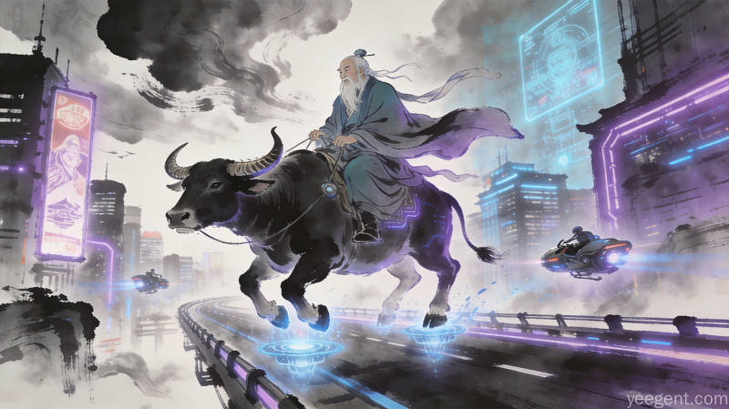 AI漫画风格的老子骑牛图融合赛博朋克元素