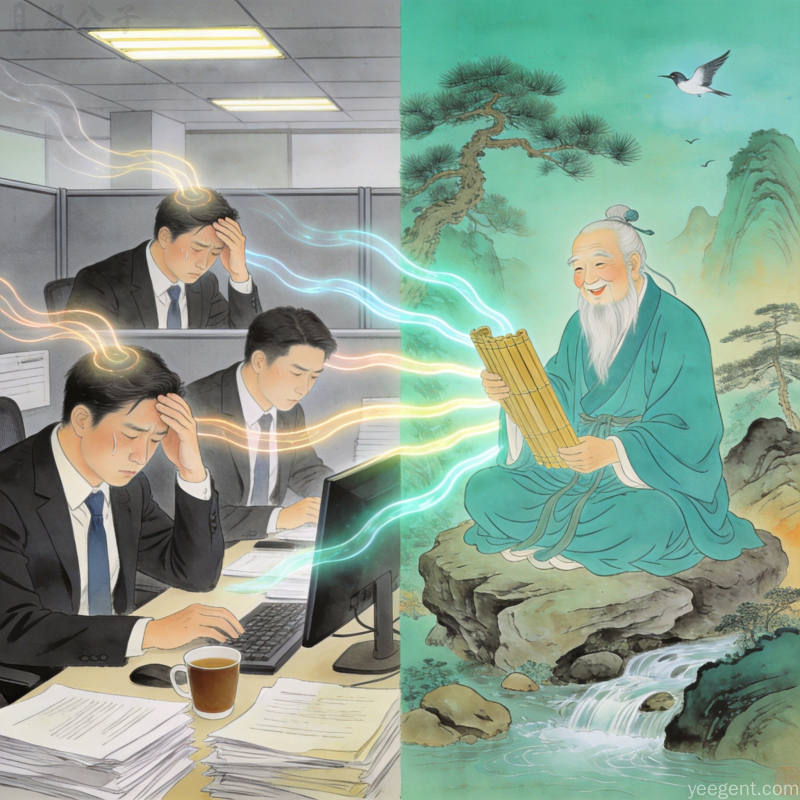 现代都市人在自然中感悟道家哲学意境的画面