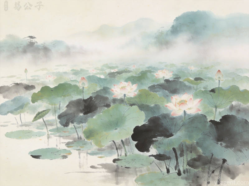 水墨风格夏日荷塘莲花盛放意境悠远
