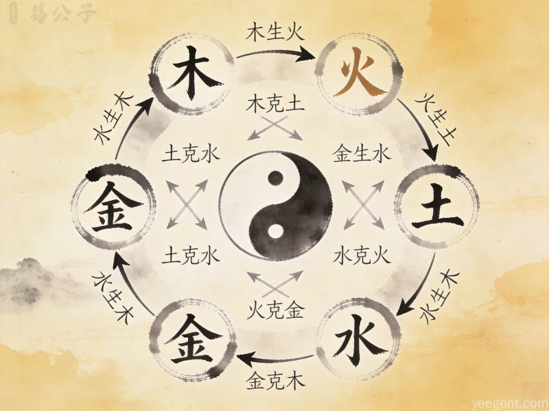 五行相生相克关系环形图解宣纸质感