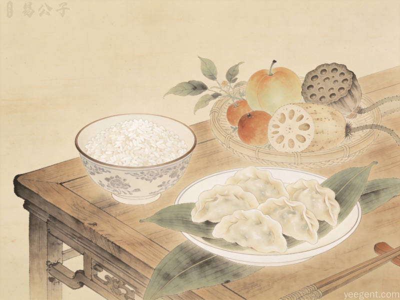 工笔画风小暑传统食俗餐桌新米饭与时令食材