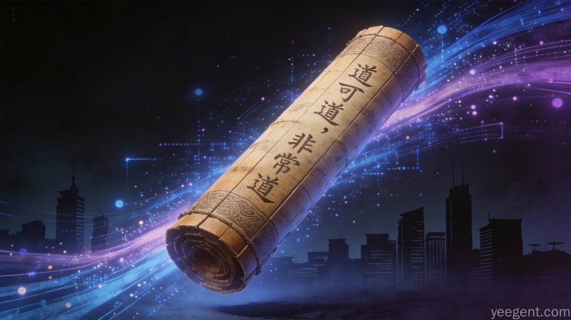 水墨山水间浮现道德经文字的现代意境画
