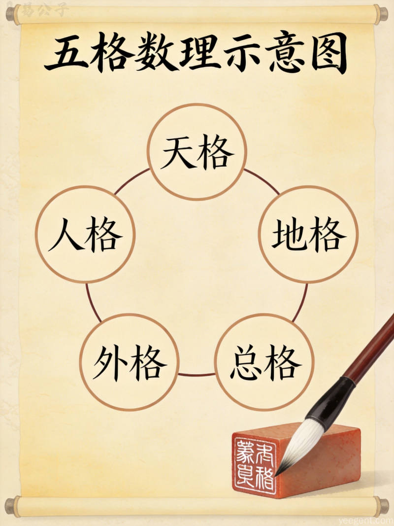 传统书法卷轴上的五格数理计算示意图与印章装饰