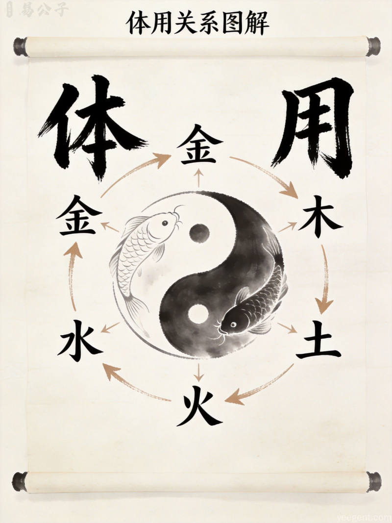 书法卷轴上绘制的体用关系与五行生克图解