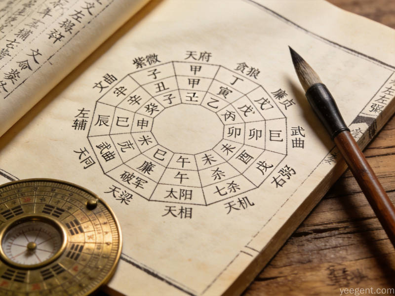 古籍手抄本上的紫微斗数命盘方格图与天干地支标注