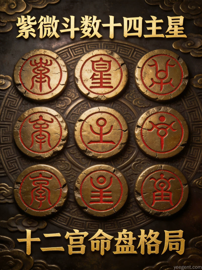 金石篆刻风格的紫微主星符号排列成十二宫格局