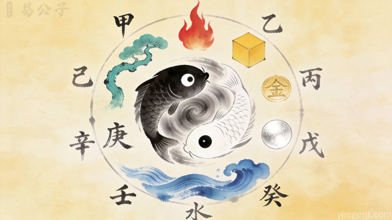 水墨渐变风格的五行相生循环示意图,搭配祥云元素