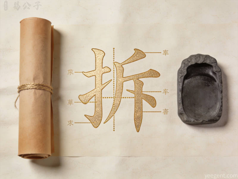 金线勾勒的古代汉字结构图示搭配卷轴砚台呈现古朴典雅的书卷气息