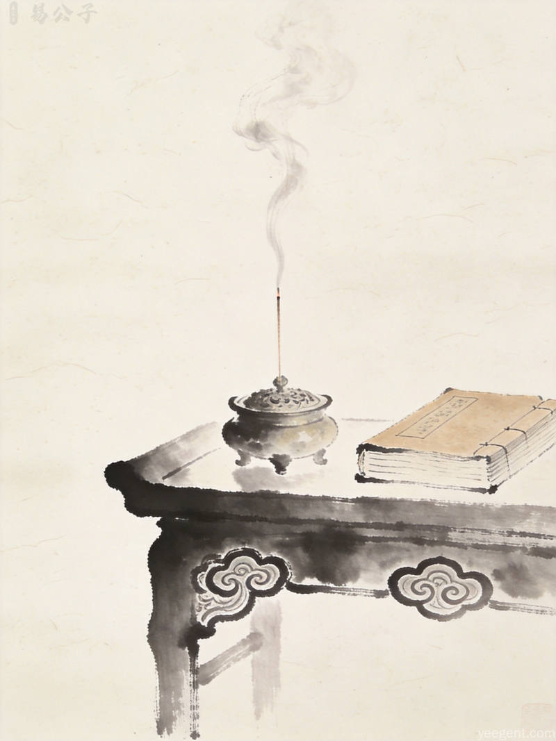 水墨留白风格的古代焚香祈愿场景搭配古书如意纹样营造宁静祥和氛围