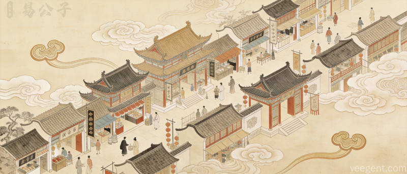 工笔画风格的古代商业街市鸟瞰图搭配云纹如意图案呈现典雅商业美学