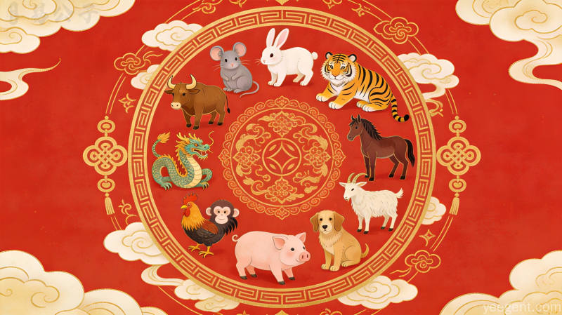 金线勾勒的传统文化干支纪年与生肖对应关系图