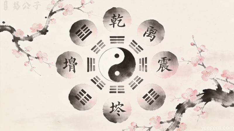 传统风格的五行生克关系图搭配卦象符号与祥云