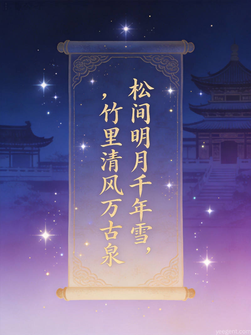 深蓝紫渐变底色的签诗文卷图案搭配星光古寺轮廓呈现诗意传统文化