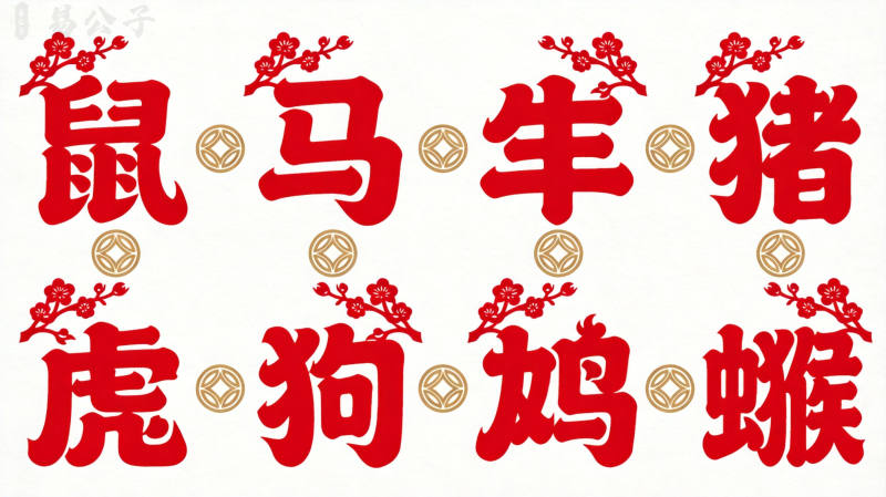 传统剪纸风格的地支六合配对图案搭配梅花装饰