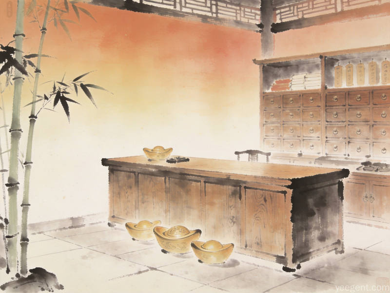水墨渐变风格的古代店铺内景搭配元宝竹子元素营造温馨空间布局意境
