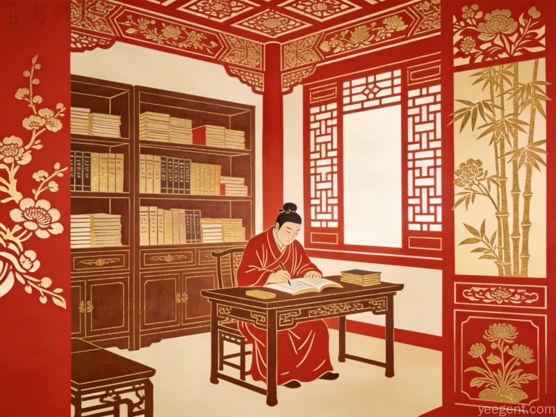 剪纸艺术风格的古代书馆场景搭配梅兰竹菊纹样营造温暖民俗文化氛围