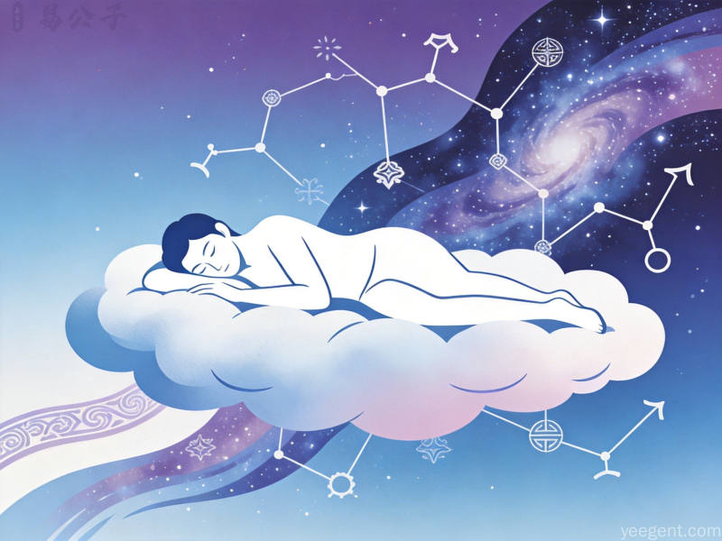 现代与传统融合的星空梦境画面,人物安卧云端银河环绕
