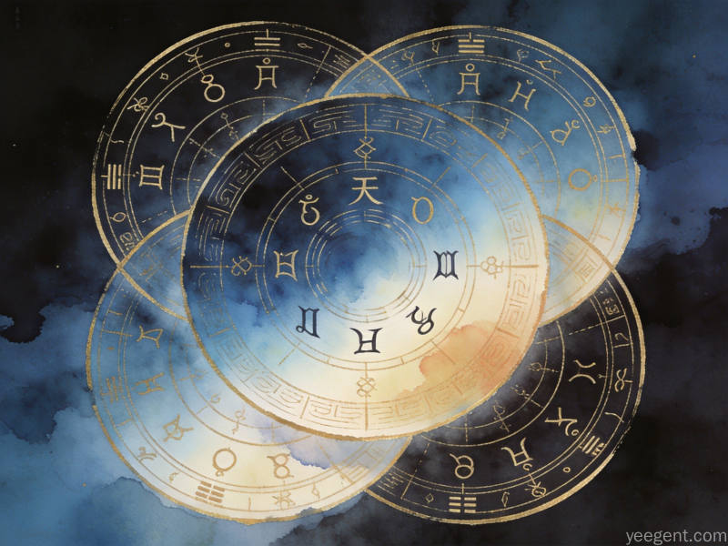 水墨渐变风格的时空概念图,四盘叠合天干符号旋转排列