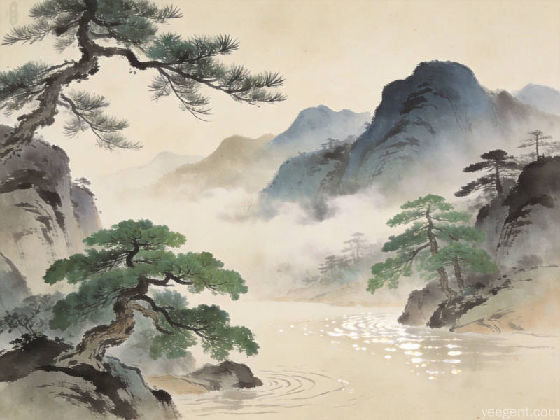 米色底色的传统山水画风格呈现松柏环绕的宁静环境,体现慎终追远文化意境