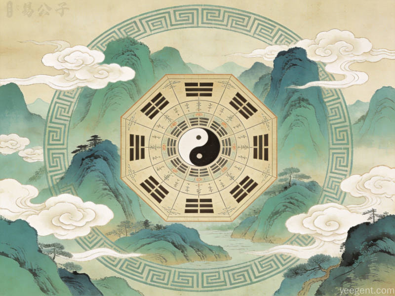 青绿山水风格的八卦罗盘图案搭配传统纹样装饰,呈现天人合一的古典意境