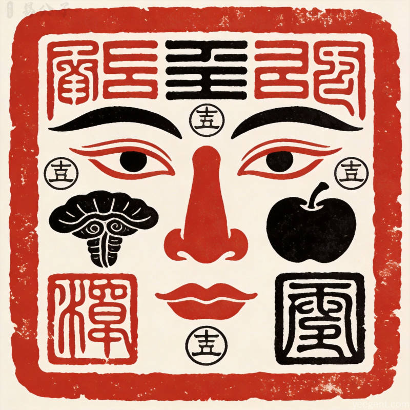 印章风格的面部器官篆刻组合,配以五行符号朱红墨色搭配