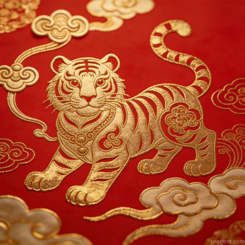 金线勾勒的生肖虎搭配如意纹样,背景祥云缭绕,呈现吉祥喜庆的传统美学