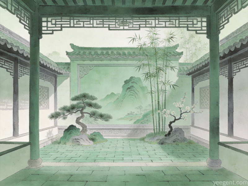 青绿山水风格的庭院内景，影壁回廊与松竹梅相映成趣