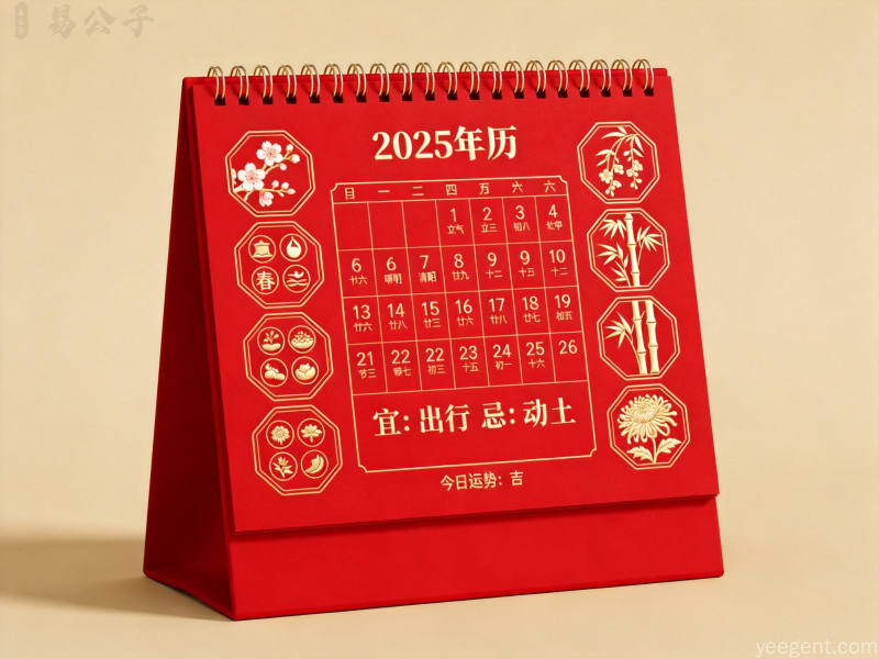 现代国潮风格日历设计,传统宜忌文字配节气与梅兰竹菊