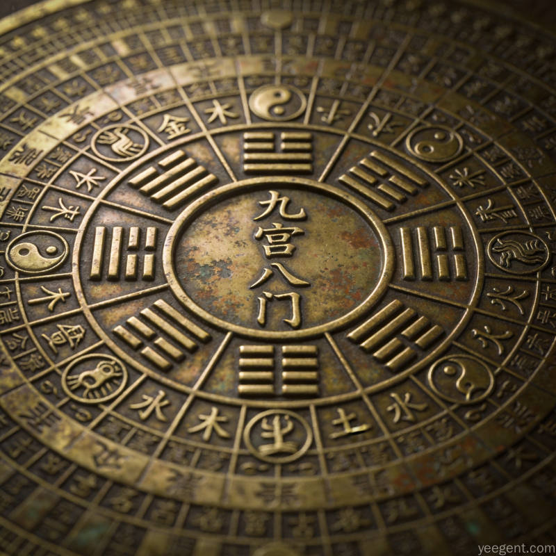 青铜纹样风格的古代罗盘,九宫八门与八卦符号环绕