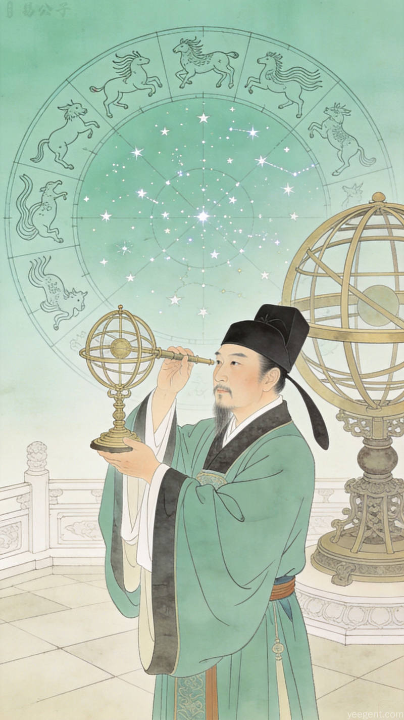 工笔画风的古代钦天监观星场景,背景为星宿图与浑天仪