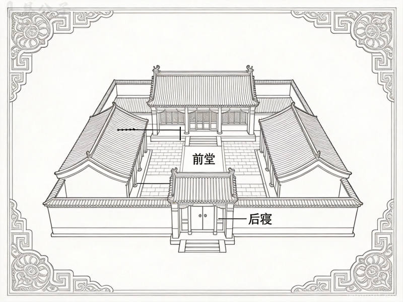 线稿图解风格的中国传统四合院俯视布局图，中轴对称
