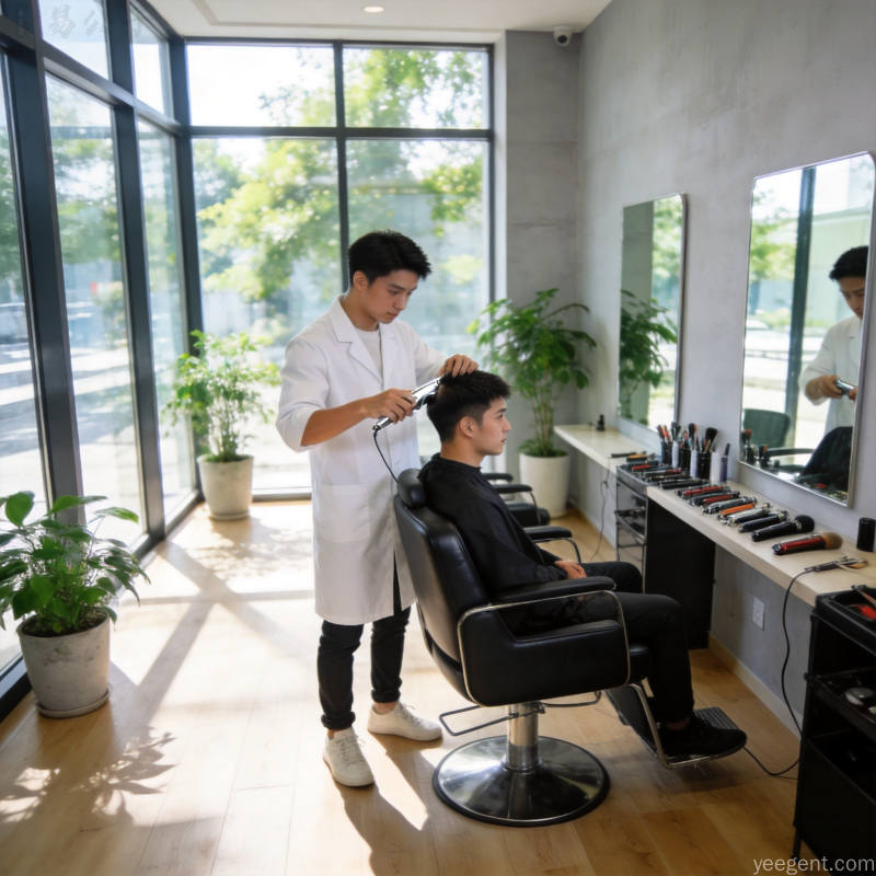 现代明亮理发店中理发师为顾客精心修剪发型,夏日阳光透过窗户洒落清爽氛围