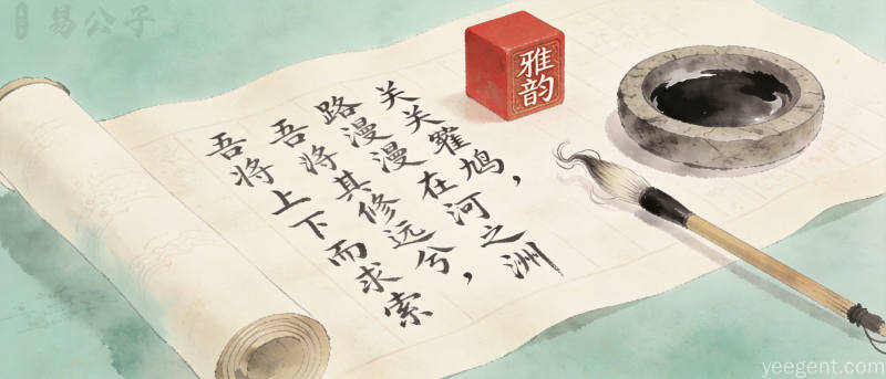 书法卷轴上的诗经楚辞名句与文房四宝,传统取名文化底蕴