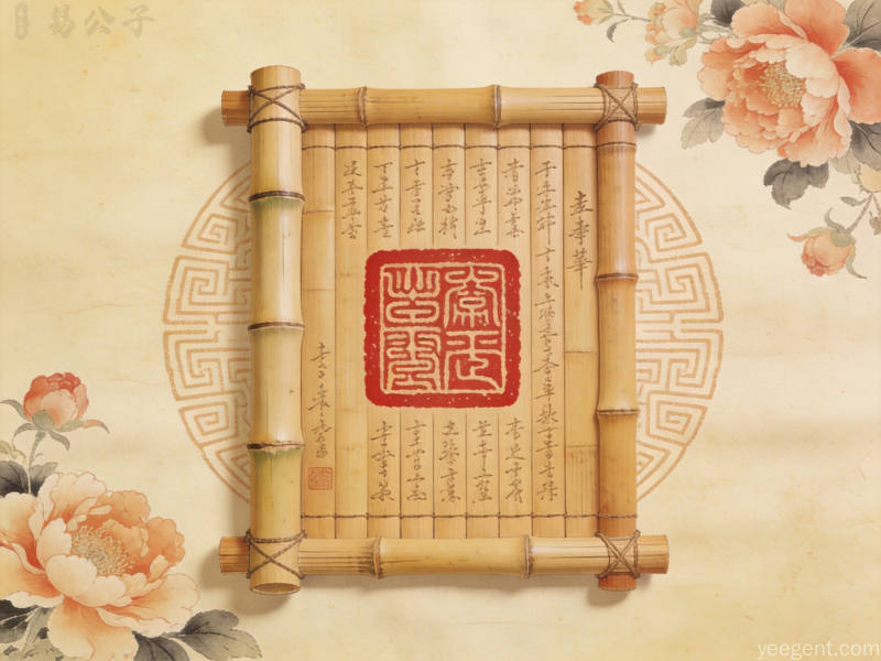 宣纸纹理背景上的传统篆刻印章竹简组合搭配牡丹回纹图案暖色调温润典雅
