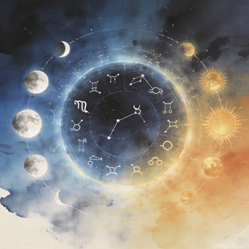水墨与数字美学融合的星象能量场表现十二宫平衡关系