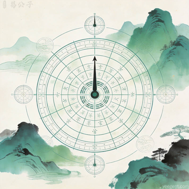 青绿山水风格的九宫飞星图搭配传统罗盘和山水轮廓水墨留白背景古朴典雅