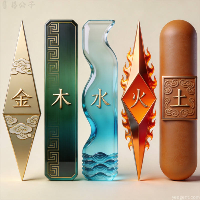 现代国潮风格的五行元素图解,金木水火土的几何化呈现