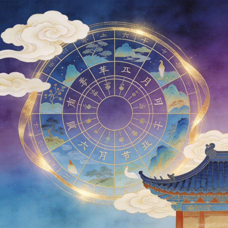 工笔风格的二十四节气轮盘图案搭配祥云和传统建筑飞檐深蓝紫渐变背景绚丽