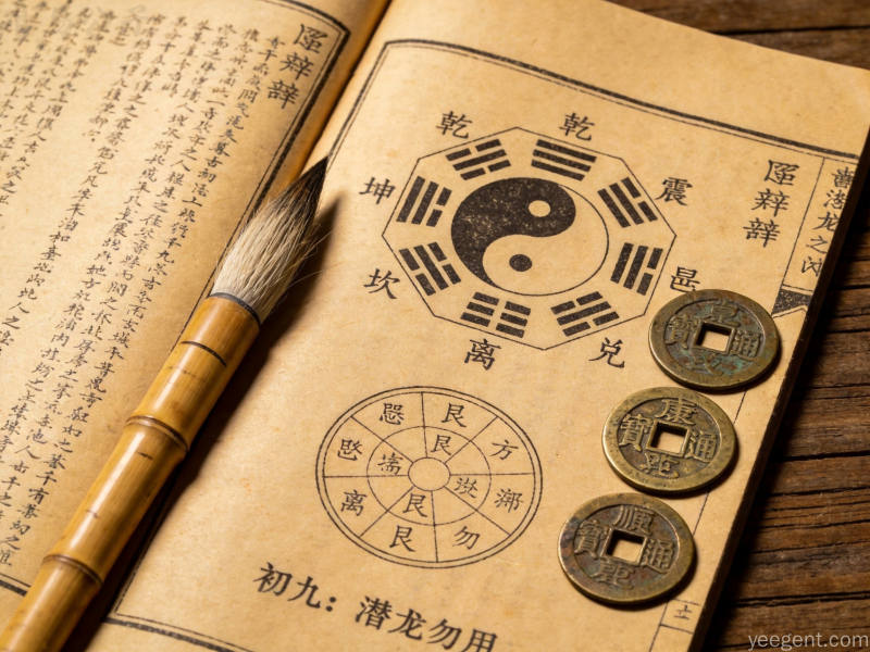 古籍书页上的六十四卦推演图与铜钱,传统术数文化底蕴