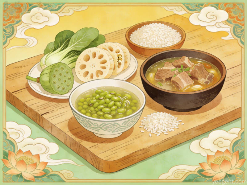 小暑时节传统食俗食材展示,莲藕绿豆汤等时令养生美食