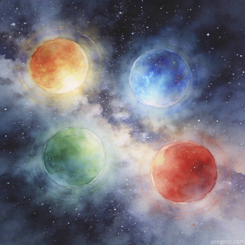四颗不同色彩的发光星体在银河中分布象征四化能量差异