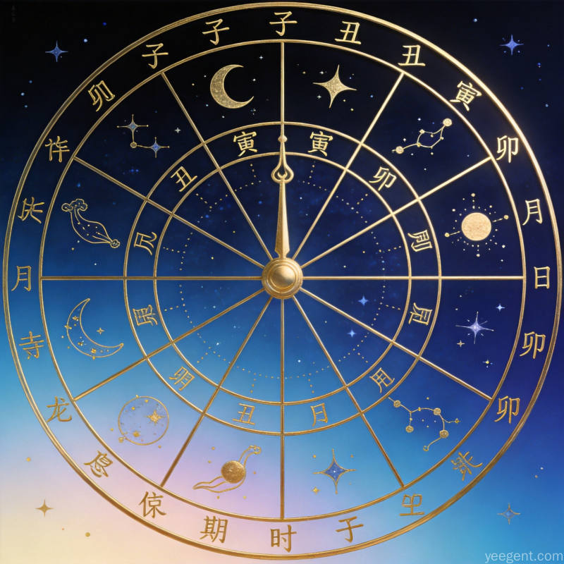 金线勾勒的十二时辰中国传统时辰图案融入星宿点缀深蓝色渐变背景中西合璧