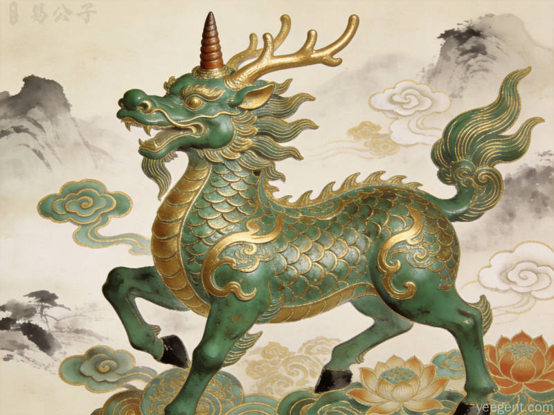传统麒麟瑞兽造型工笔画风格摆件