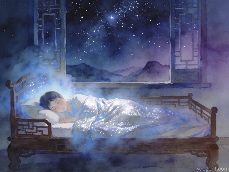 水彩画风格的宁静夜晚安睡场景银蓝色光晕