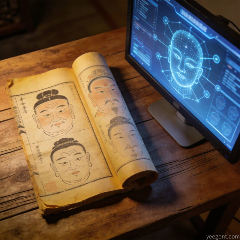 古代面相卷轴与现代电脑面部识别算法并列于书桌