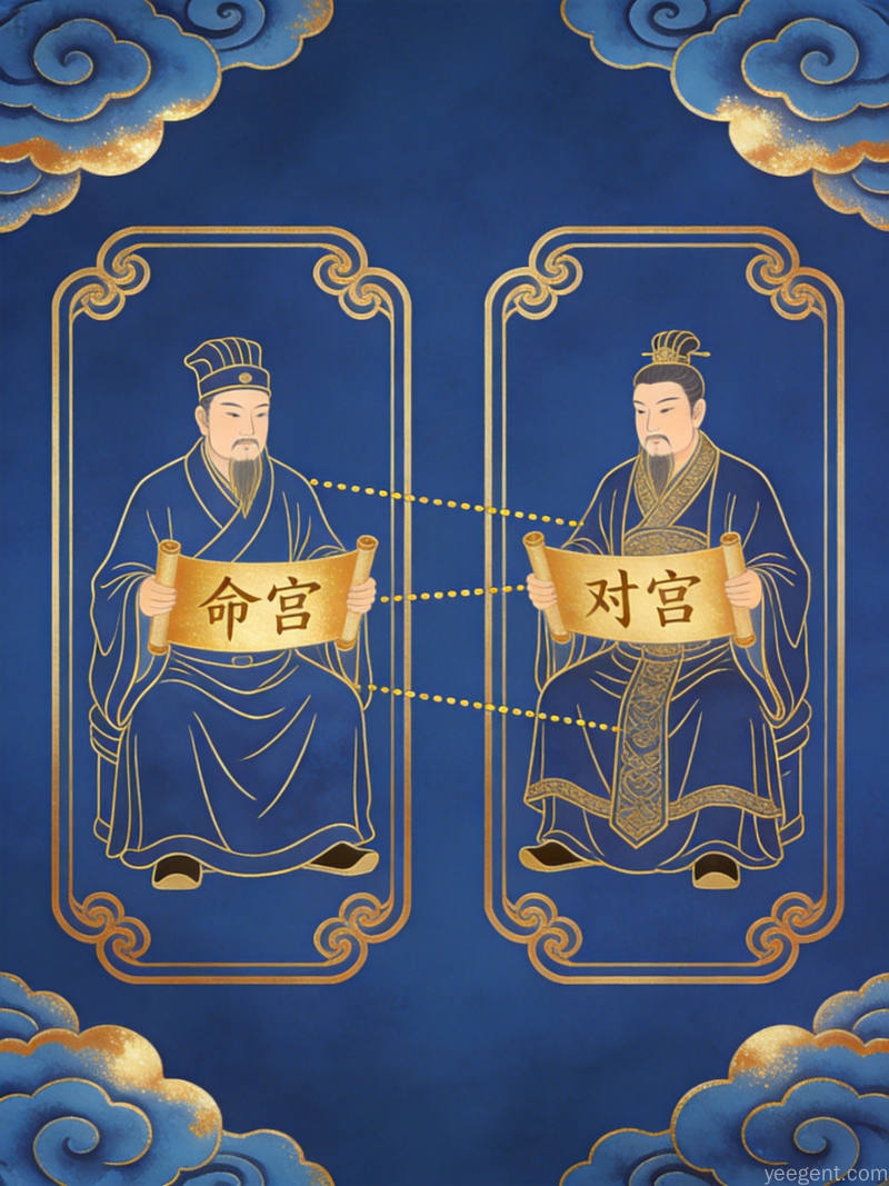 国潮插画风格命宫对宫示意图祥云纹样