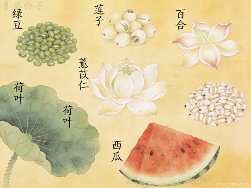 绿豆莲子等药食同源消暑食材构成的精致工笔静物画作