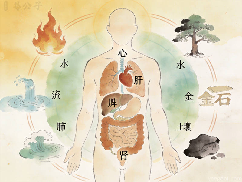 中医五脏与五行元素对应关系的典雅水墨插画艺术呈现